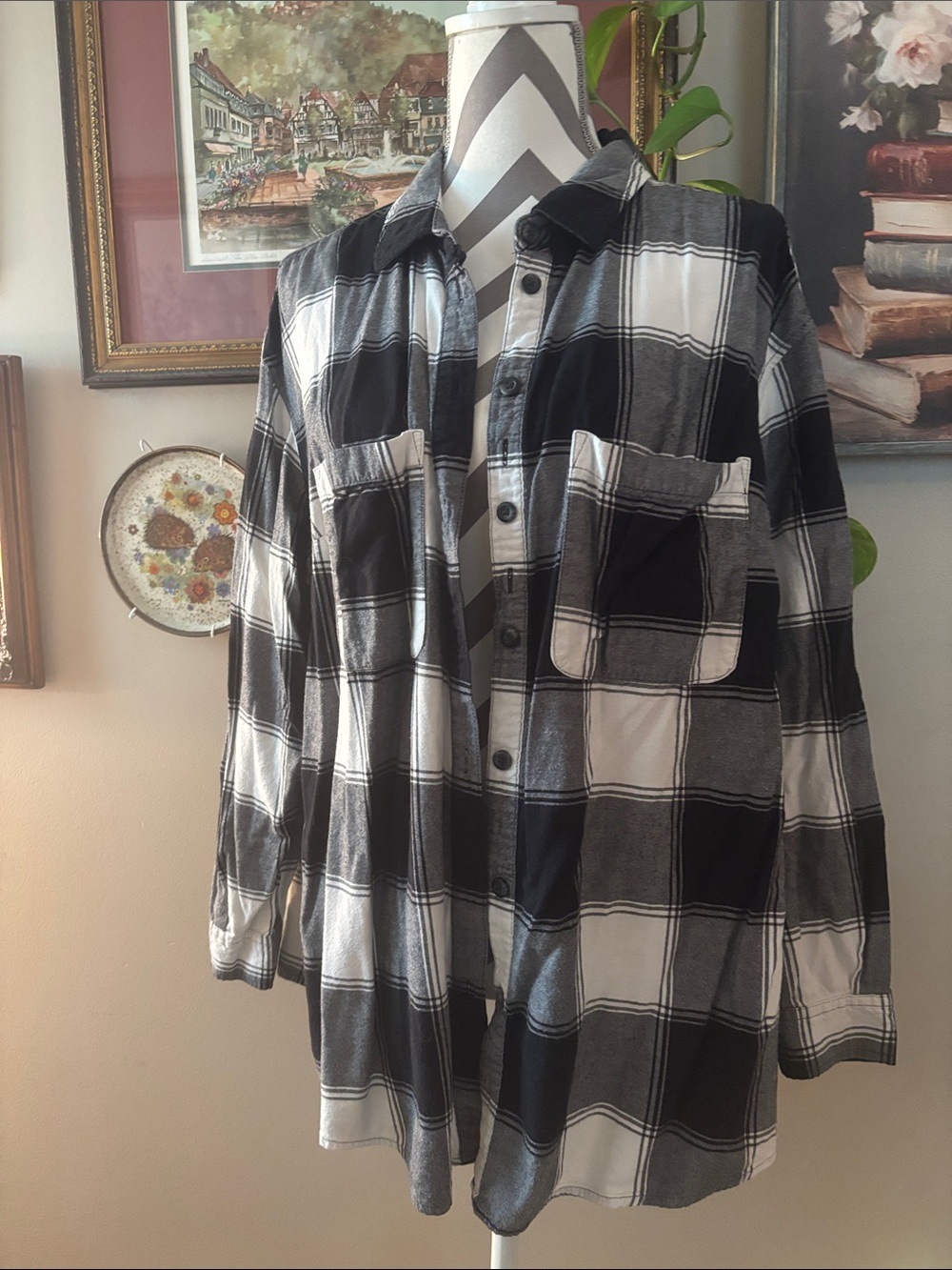Ava & Viv Black and White Plaid Button-Down Shirt